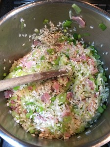 Buzymum - Stirring in the rice for the baked risotto