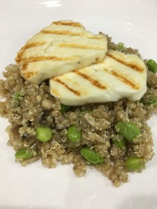 Buzymum - the finished dish topped with grilled halloumi