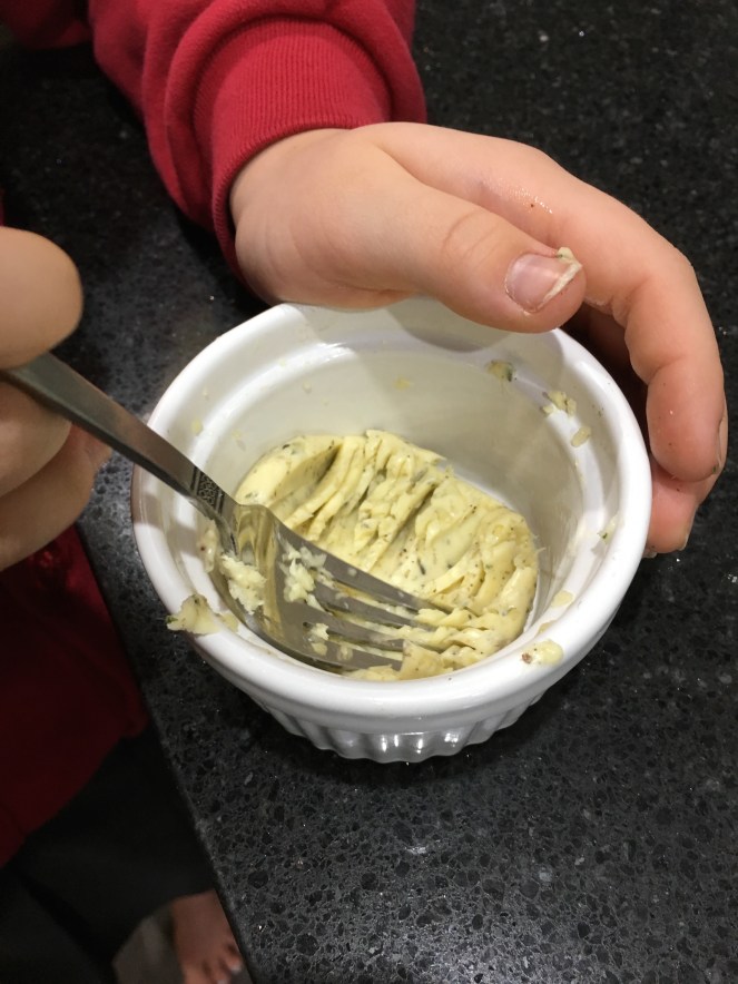 Buzymum - Mashing together the butter, garlic, herbs and seasoning