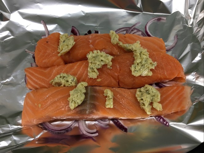 Buzymum - Salmon topped with garlic and herb butter, ready to be wrapped