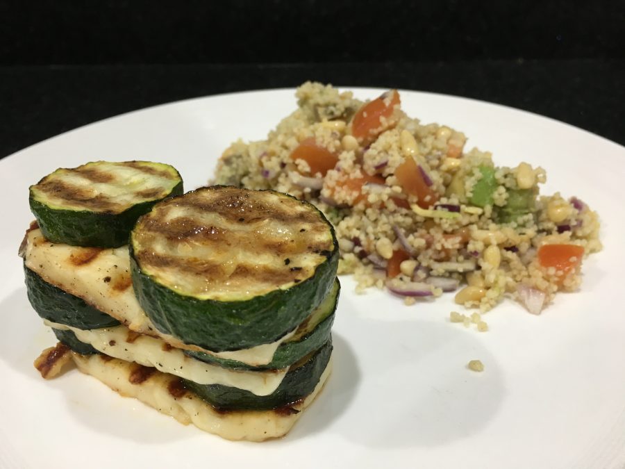 Buzymum - Halloumi & Courgette Tower with Tomato & Avocado Couscous ready to serve