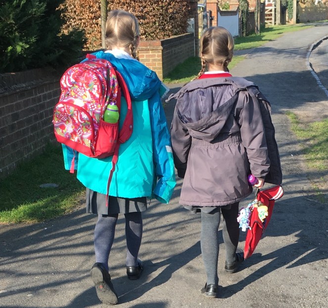 Buzymum - K and Lou walking to school