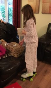 Buzymum - Lou wearing her roller-skates on Christmas morning